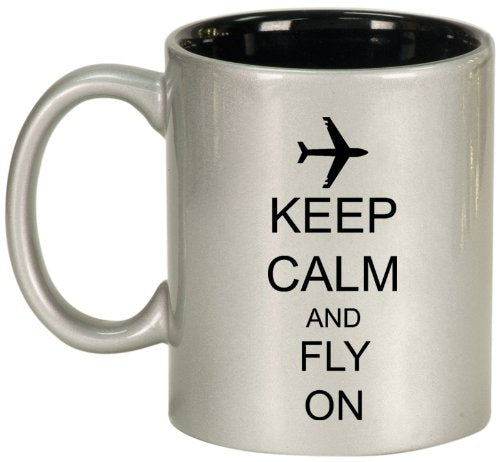 Keep Calm and Fly On Airplane Ceramic Coffee Tea Mug Cup Silver Black