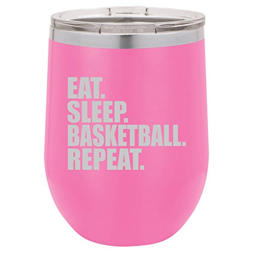 12 oz Double Wall Vacuum Insulated Stainless Steel Stemless Wine Tumbler Glass Coffee Travel Mug With Lid Eat Sleep Basketball Repeat (Hot-Pink)