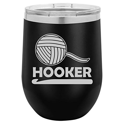 12 oz Double Wall Vacuum Insulated Stainless Steel Stemless Wine Tumbler Glass Coffee Travel Mug With Lid Funny Crochet Hooker (Black)