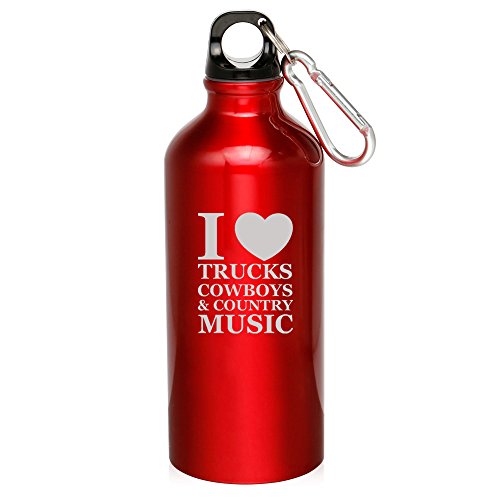 20oz Aluminum Sports Water Bottle Caribiner Clip I Love Trucks Cowboys Country Music (Red)