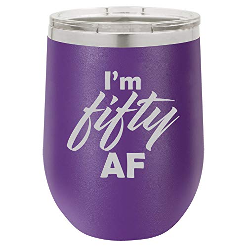 12 oz Double Wall Vacuum Insulated Stainless Steel Stemless Wine Tumbler Glass Coffee Travel Mug With Lid I'm Fifty AF Funny 50th Birthday (Purple)