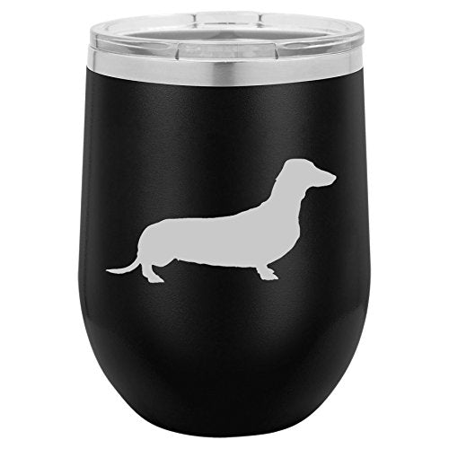 12 oz Double Wall Vacuum Insulated Stainless Steel Stemless Wine Tumbler Glass Coffee Travel Mug With Lid Dachshund (Black)