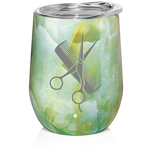 12 oz Double Wall Vacuum Insulated Stainless Steel Marble Stemless Wine Tumbler Glass Coffee Travel Mug With Lid Hair Cutting Dressor Scissors Comb (Turquoise Green Marble)