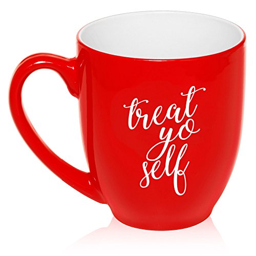 16 oz Large Bistro Mug Ceramic Coffee Tea Glass Cup Treat Yo Self (Red)