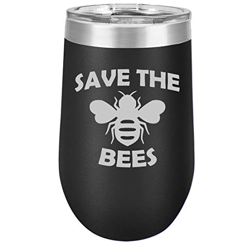 16 oz Double Wall Vacuum Insulated Stainless Steel Stemless Wine Tumbler Glass Coffee Travel Mug With Lid Save The Bees (Black)