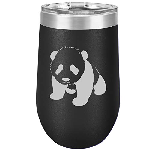16 oz Double Wall Vacuum Insulated Stainless Steel Stemless Wine Tumbler Glass Coffee Travel Mug With Lid Baby Panda (Black)