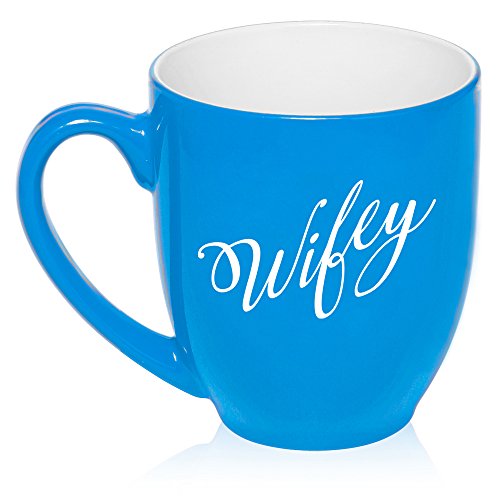 16 oz Large Bistro Mug Ceramic Coffee Tea Glass Cup Wifey Wife (Light Blue)