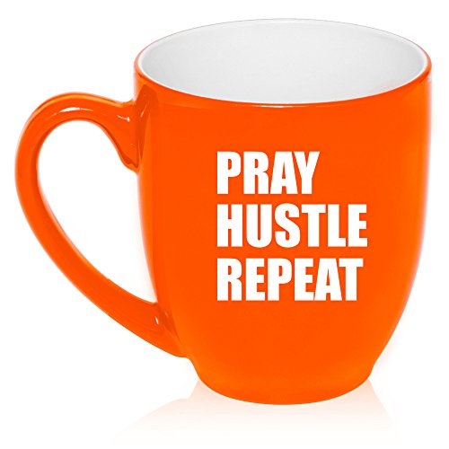 16 oz Large Bistro Mug Ceramic Coffee Tea Glass Cup Pray Hustle Repeat (Orange)