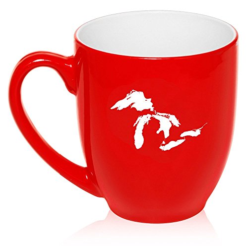 16 oz Large Bistro Mug Ceramic Coffee Tea Glass Cup Great Lakes Michigan (Red)