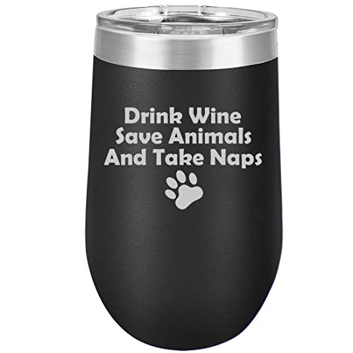 16 oz Double Wall Vacuum Insulated Stainless Steel Stemless Wine Tumbler Glass Coffee Travel Mug With Lid Drink Wine Save Animals Take Naps (Black)