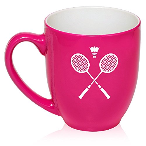 16 oz Large Bistro Mug Ceramic Coffee Tea Glass Cup Crossed Badminton Rackets Shuttlecock (Hot Pink)