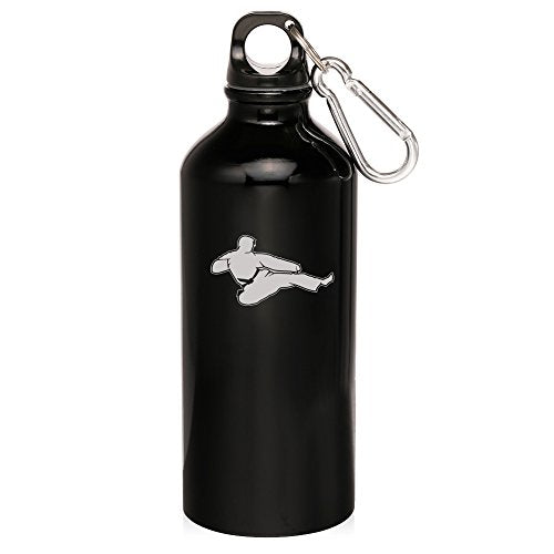 20oz Aluminum Sports Water Bottle Caribiner Clip Jump Kick Karate Martial Arts (Black)