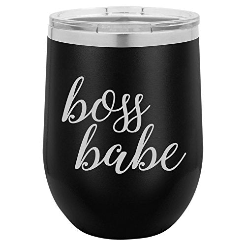 12 oz Double Wall Vacuum Insulated Stainless Steel Stemless Wine Tumbler Glass Coffee Travel Mug With Lid Boss Babe (Black)