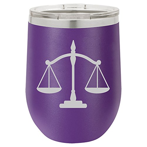 12 oz Double Wall Vacuum Insulated Stainless Steel Stemless Wine Tumbler Glass Coffee Travel Mug With Lid Scales Of Justice Lawyer Paralegal Attorney (Purple)