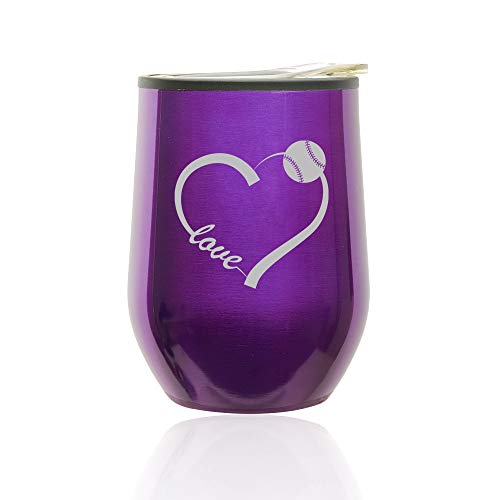 Stemless Wine Tumbler Coffee Travel Mug Glass With Lid Love Heart Baseball Softball (Royal Purple)