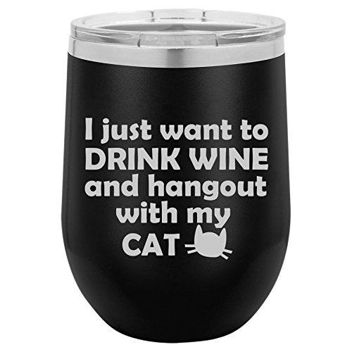 12 oz Double Wall Vacuum Insulated Stainless Steel Stemless Wine Tumbler Glass Coffee Travel Mug With Lid Drink Wine And Hang Out With Cat (Black)