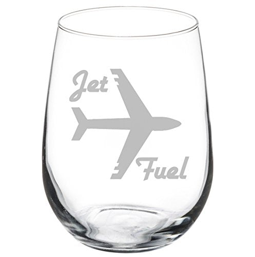 Wine Glass Goblet Airplane Pilot Flight Attendant Frequent Flyer Travel Jet Fuel (17 oz Stemless)