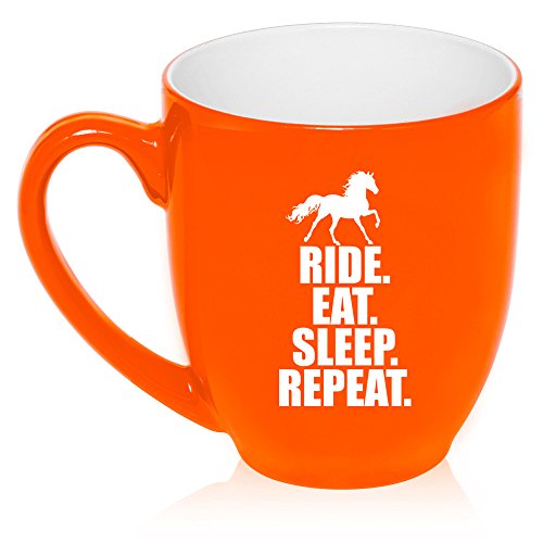 16 oz Large Bistro Mug Ceramic Coffee Tea Glass Cup Horse Ride Eat Sleep Repeat (Orange)