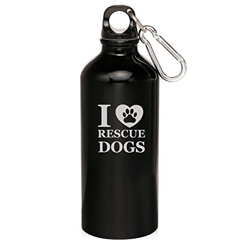 20oz Aluminum Sports Water Bottle Caribiner Clip I Love Rescue Dogs (Black)