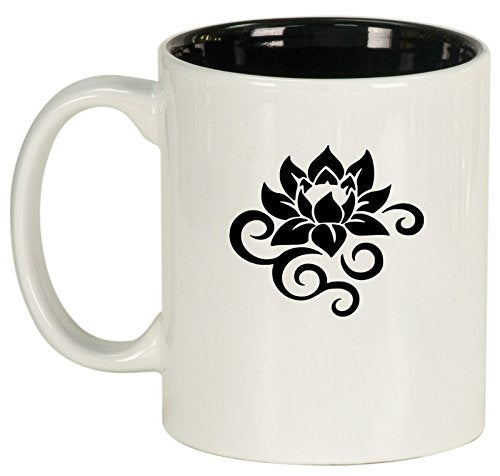 Ceramic Coffee Tea Mug Cup Lotus Flower Scroll (White)