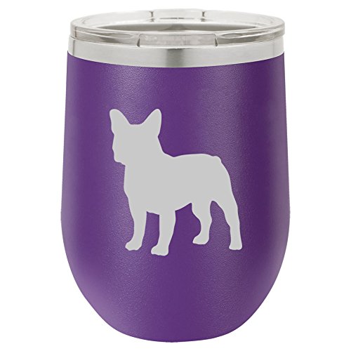 12 oz Double Wall Vacuum Insulated Stainless Steel Stemless Wine Tumbler Glass Coffee Travel Mug With Lid French Bulldog (Purple)