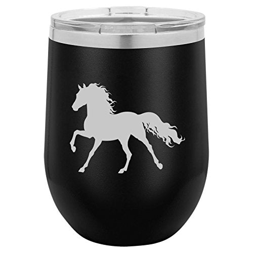 12 oz Double Wall Vacuum Insulated Stainless Steel Stemless Wine Tumbler Glass Coffee Travel Mug With Lid Horse (Black)