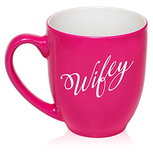 16 oz Large Bistro Mug Ceramic Coffee Tea Glass Cup Wifey Wife (Hot Pink)