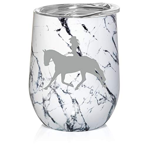 12 oz Double Wall Vacuum Insulated Stainless Steel Marble Stemless Wine Tumbler Glass Coffee Travel Mug With Lid Cowgirl Riding Horse (Black White Marble)