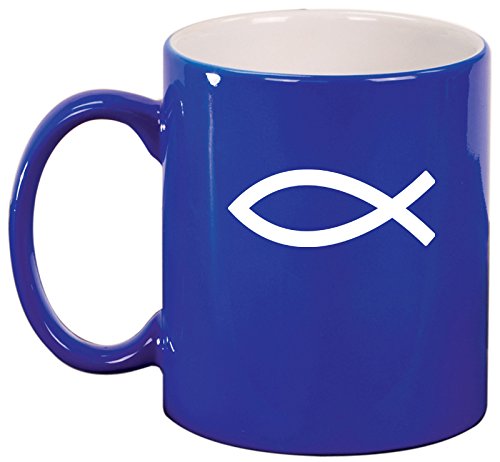 Ceramic Coffee Tea Mug Cup Christian Fish Symbol (Blue)