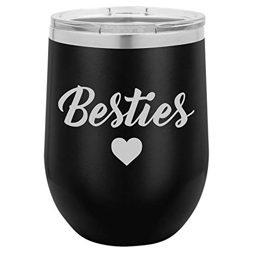 12 oz Double Wall Vacuum Insulated Stainless Steel Stemless Wine Tumbler Glass Coffee Travel Mug With Lid Besties Best Friend (Black)