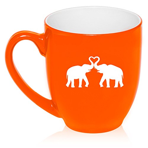 16 oz Large Bistro Mug Ceramic Coffee Tea Glass Cup Elephants Making Heart (Orange)
