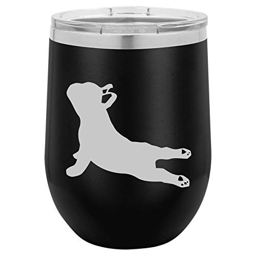 12 oz Double Wall Vacuum Insulated Stainless Steel Stemless Wine Tumbler Glass Coffee Travel Mug With Lid French Bulldog Yoga (Black)