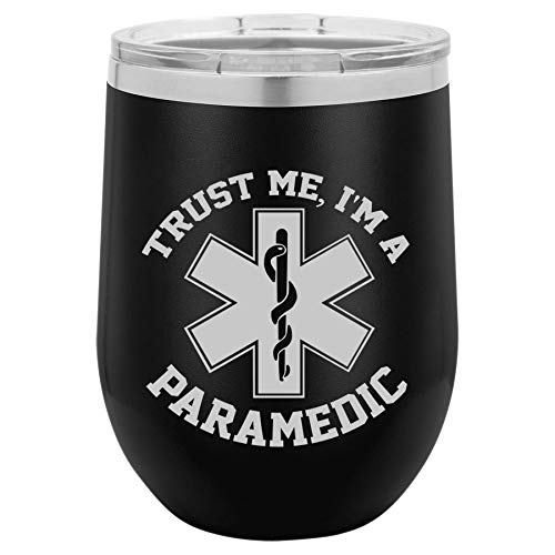 12 oz Double Wall Vacuum Insulated Stainless Steel Stemless Wine Tumbler Glass Coffee Travel Mug With Lid Trust Me I'm A Paramedic (Black)
