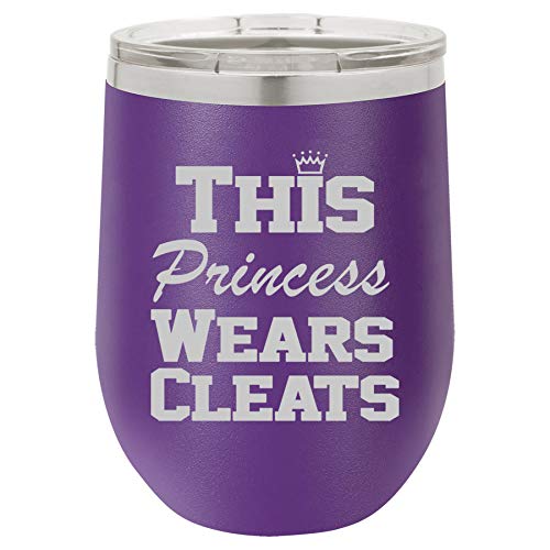 12 oz Double Wall Vacuum Insulated Stainless Steel Stemless Wine Tumbler Glass Coffee Travel Mug With Lid This Princess Wears Cleats Softball Soccer Lacrosse (Purple)