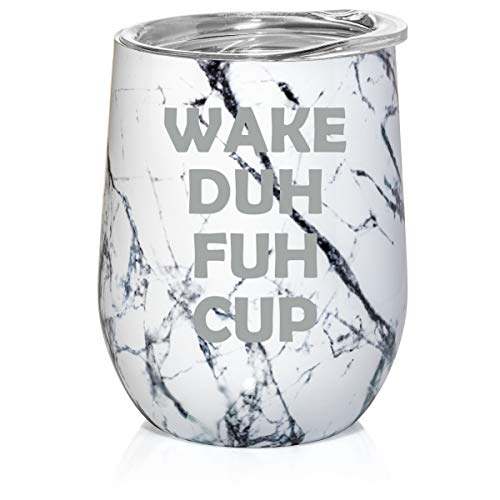 12 oz Double Wall Vacuum Insulated Stainless Steel Marble Stemless Wine Tumbler Glass Coffee Travel Mug With Lid Wake Duh Fuh Cup (Black White Marble)