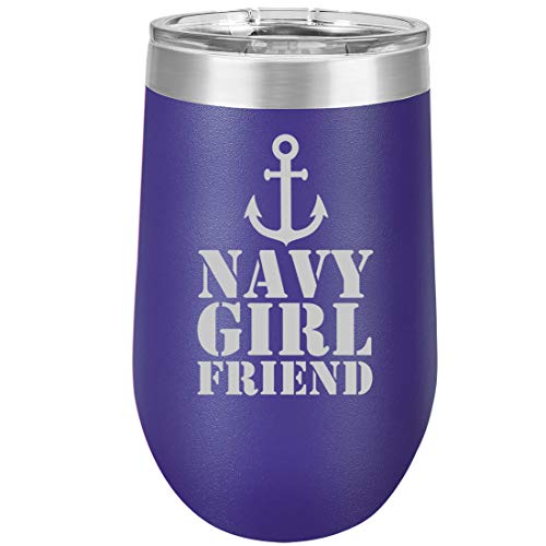 16 oz Double Wall Vacuum Insulated Stainless Steel Stemless Wine Tumbler Glass Coffee Travel Mug With Lid Navy Girlfriend Anchor (Purple)