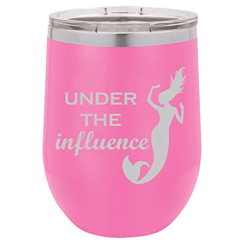 12 oz Double Wall Vacuum Insulated Stainless Steel Stemless Wine Tumbler Glass Coffee Travel Mug With Lid Under The Influence Mermaid Funny (Hot-Pink)