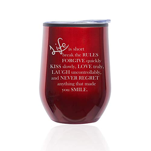 Stemless Wine Tumbler Coffee Travel Mug Glass With Lid Life Is Short Quote (Red)