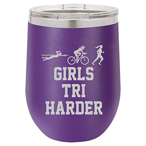 12 oz Double Wall Vacuum Insulated Stainless Steel Stemless Wine Tumbler Glass Coffee Travel Mug With Lid Triathlon Girls Tri Harder Swim Bike Run (Purple)