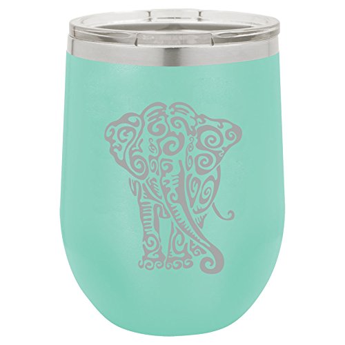 12 oz Double Wall Vacuum Insulated Stainless Steel Stemless Wine Tumbler Glass Coffee Travel Mug With Lid Tribal Elephant (Teal)