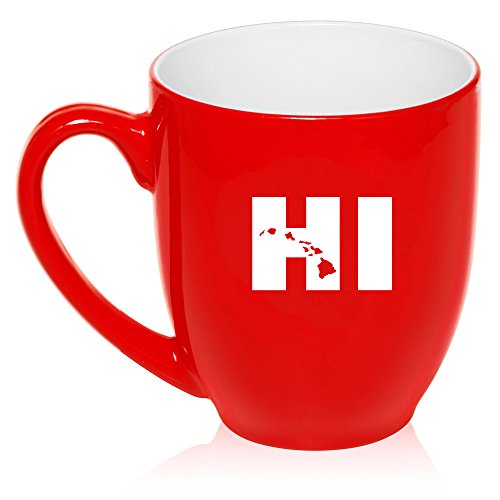 16 oz Large Bistro Mug Ceramic Coffee Tea Glass Cup HI Hawaiian Islands Hawaii (Red)