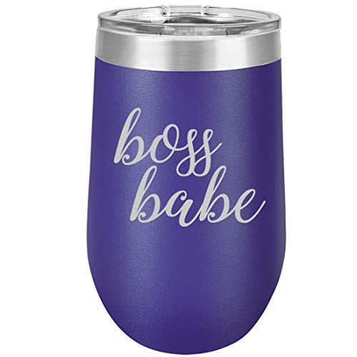 16 oz Double Wall Vacuum Insulated Stainless Steel Stemless Wine Tumbler Glass Coffee Travel Mug With Lid Boss Babe (Purple)