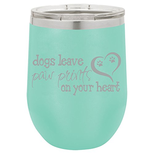 12 oz Double Wall Vacuum Insulated Stainless Steel Stemless Wine Tumbler Glass Coffee Travel Mug With Lid Dogs Leave Paw Prints (Teal)