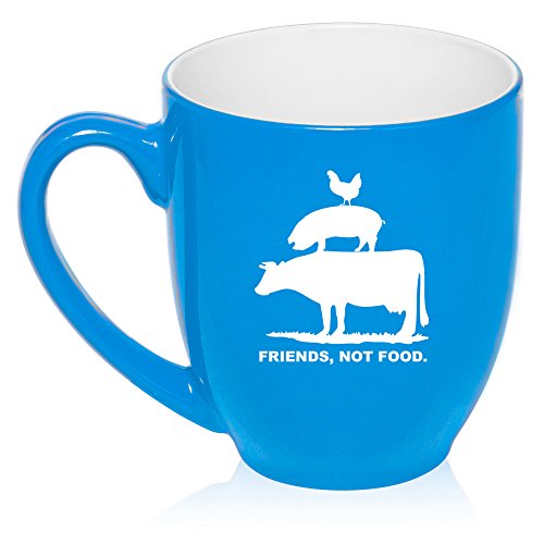 16 oz Large Bistro Mug Ceramic Coffee Tea Glass Cup Friends, Not Food Vegan Farm Animal Rights (Light Blue)