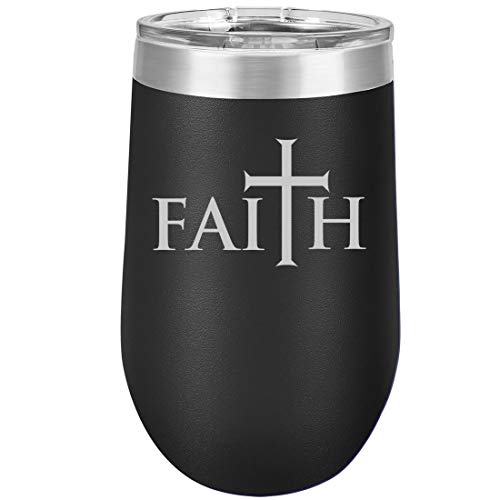 16 oz Double Wall Vacuum Insulated Stainless Steel Stemless Wine Tumbler Glass Coffee Travel Mug With Lid Faith Cross (Black)