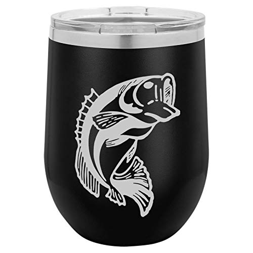 12 oz Double Wall Vacuum Insulated Stainless Steel Stemless Wine Tumbler Glass Coffee Travel Mug With Lid Bass Fish (Black)