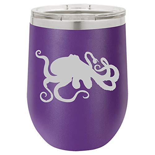 12 oz Double Wall Vacuum Insulated Stainless Steel Stemless Wine Tumbler Glass Coffee Travel Mug With Lid Octopus And Tentacles (Purple)