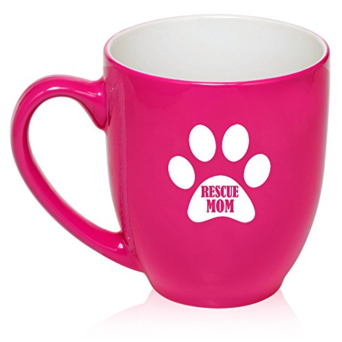 16 oz Hot Pink Large Bistro Mug Ceramic Coffee Tea Glass Cup Paw Print Rescue Mom