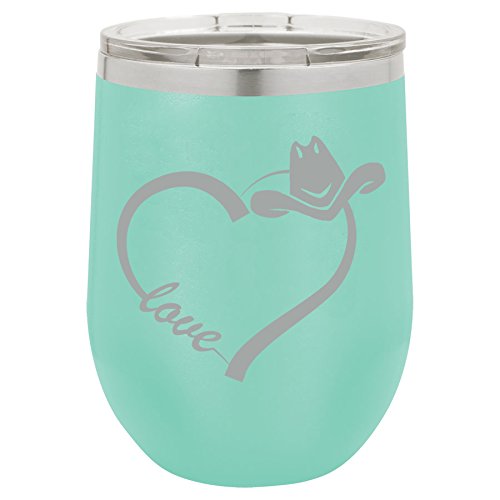 12 oz Double Wall Vacuum Insulated Stainless Steel Stemless Wine Tumbler Glass Coffee Travel Mug With Lid Love Heart Country Cowgirl (Teal)