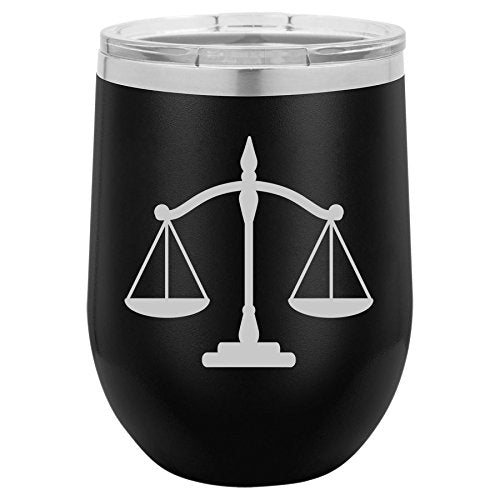 12 oz Double Wall Vacuum Insulated Stainless Steel Stemless Wine Tumbler Glass Coffee Travel Mug With Lid Scales Of Justice Lawyer Paralegal Attorney (Black)